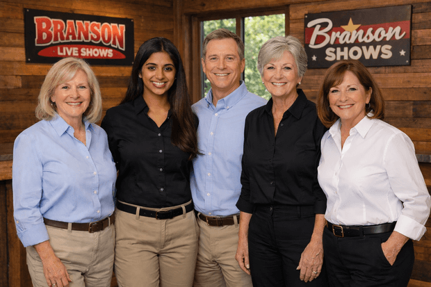 The iBranson team together in front of Branson show signs
